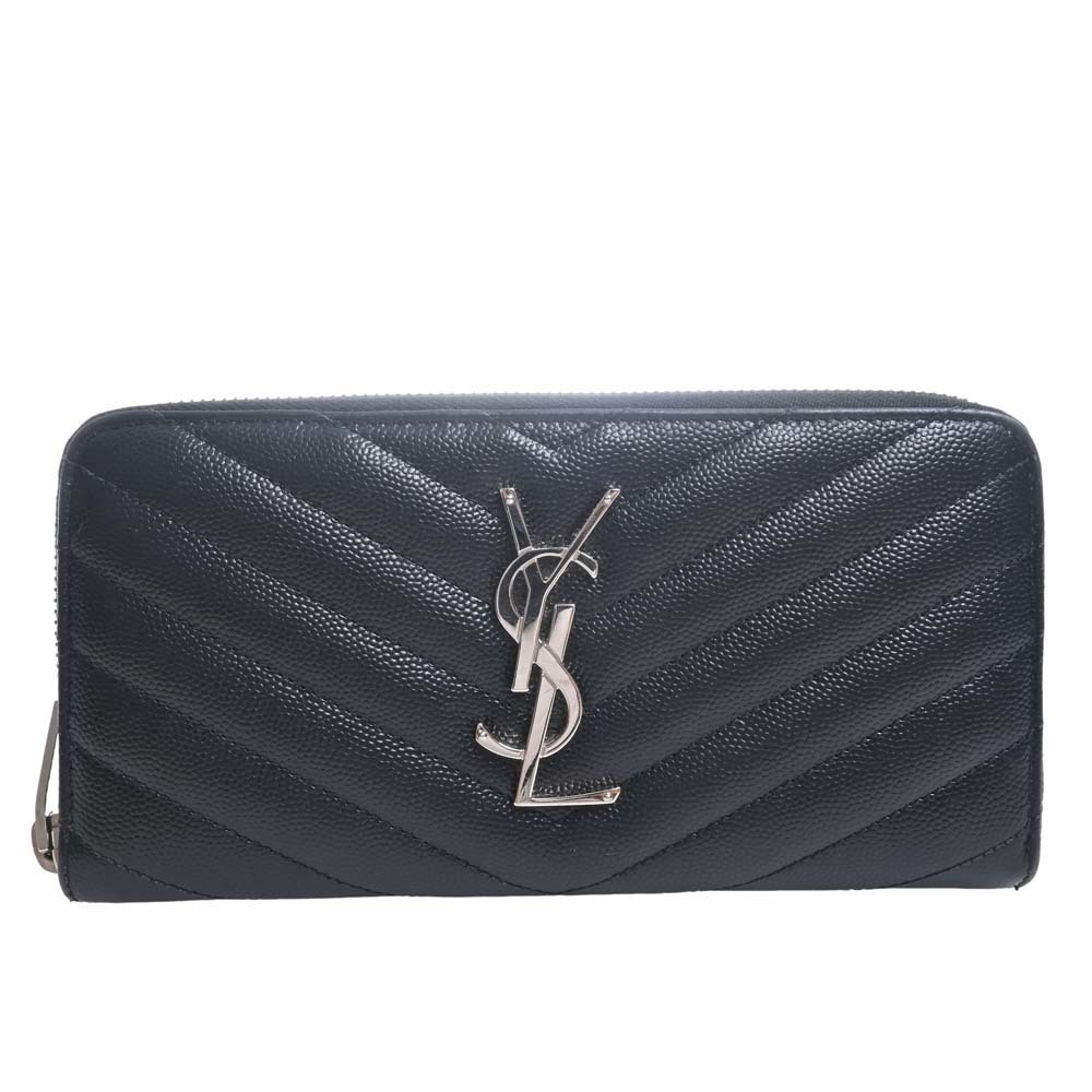Saint Laurent Leather Round Zipper Long Wallet Black